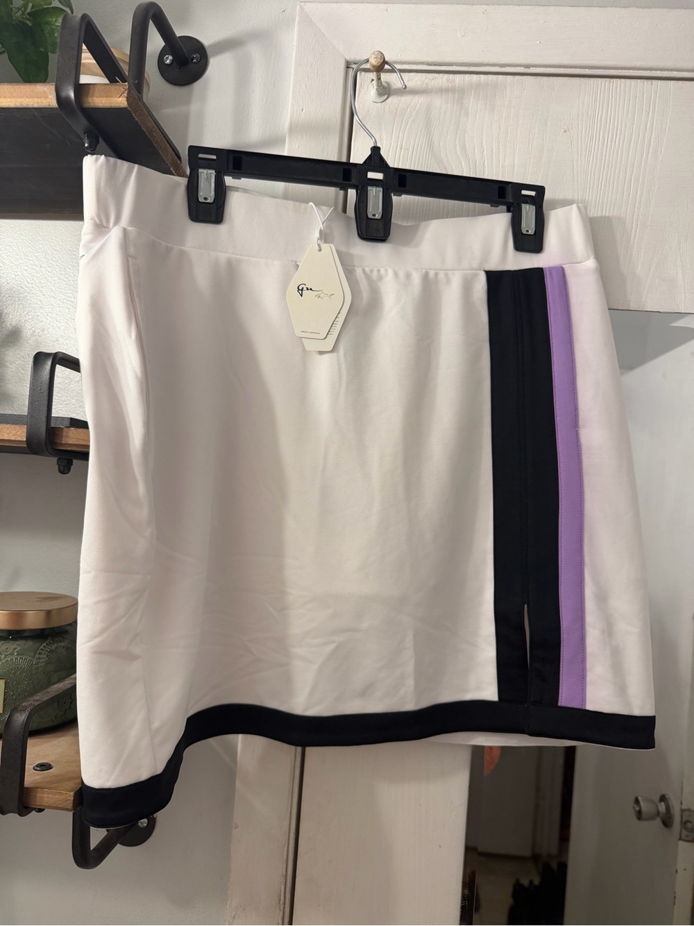 Greg Norman Collection White Mini Skort with Black and Lavender Stripes